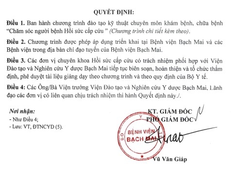 Phê duyệt chương trình đào tạo kỹ thuật chuyên môn khám bệnh, chữa bệnh Chăm sóc người bệnh hồi sức cấp cứu